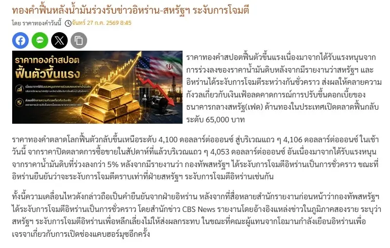 ราคาทองวันนี้ 27 ก.ค.69 เทียบกับวันก่อนหน้า +300 บาท ราคา "ทองรูปพรรณ" ขายออก 65,950 บาท