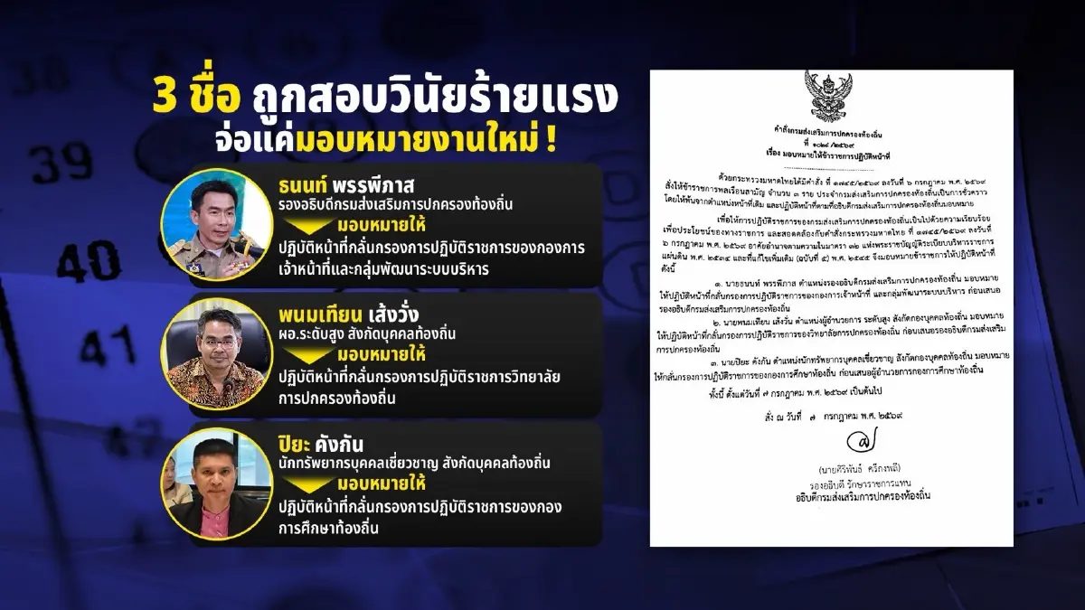 เปิดคำสั่งเด้ง 3 บิ๊ก สถ. เซ่นโกงสอบท้องถิ่น ลุยสอบวินัยร้ายแรง