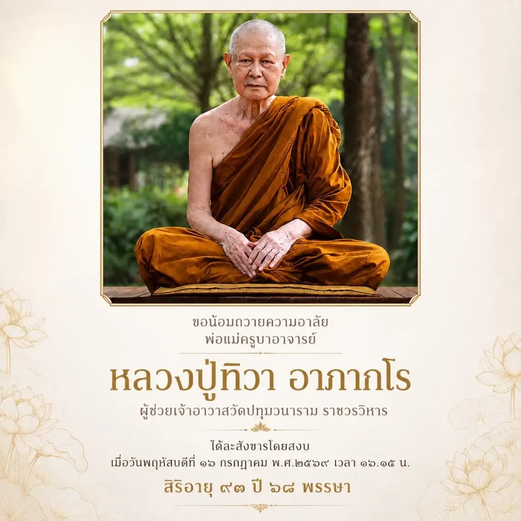 หลวงปู่ทิวา อาภากโร ผู้ช่วยเจ้าอาวาสวัดปทุมวนาราม ราชวรวิหาร 