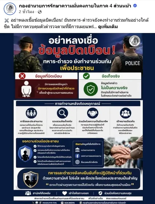 โต้ข่าว! "กอ.รมน.ภาค 4 สน.-ฉก.นราธิวาส" ยันข่าวคุมตัว "4 ตำรวจไม่จริง" ย้ำทหาร-ตร.ทำงานร่วมกันด้วยดี