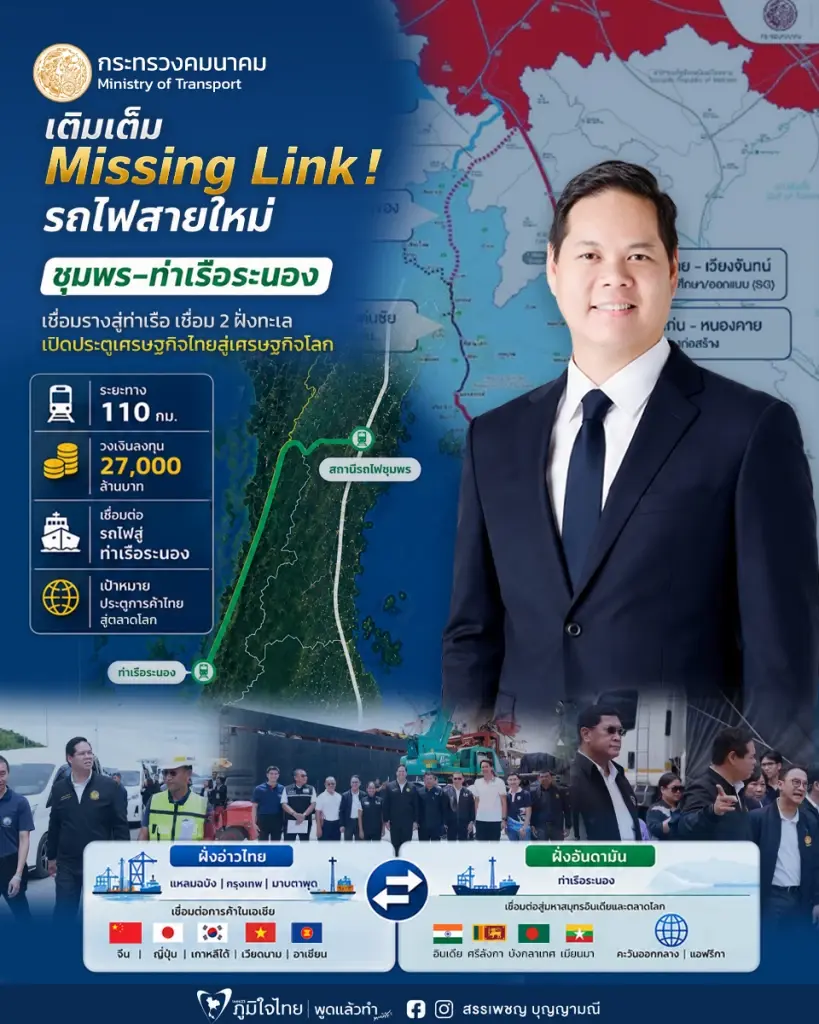 ขนส่งทางรางไร้รอยต่อ! ดันรถไฟทางคู่ “ชุมพร-ท่าเรือระนอง” เชื่อมอ่าวไทย-อันดามัน