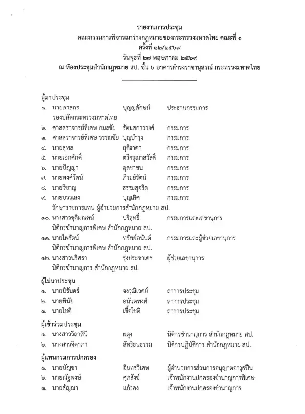 รายงานการประชุมคณะกรรมการพิจารณาร่างกม.ของกระทรวงมหาดไทย  คณะที่ 1