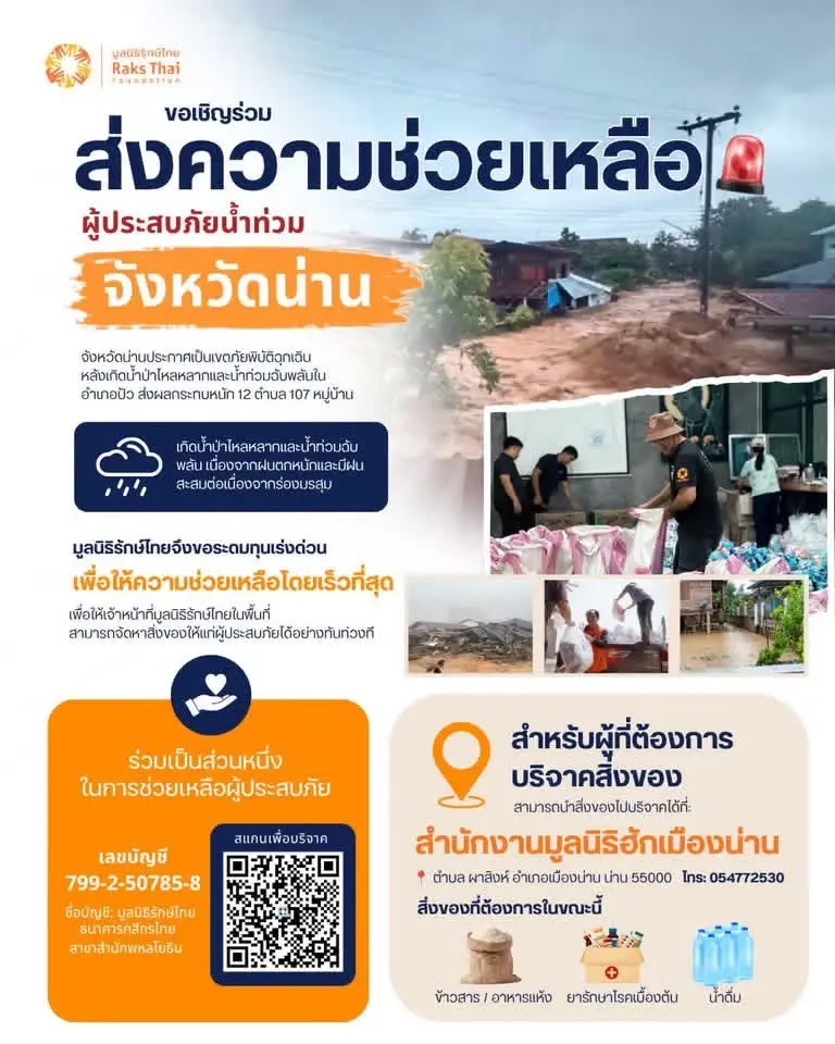 รวมช่องทางบริจาคช่วยน้ำท่วม น่าน ภาคเหนือ เช็กเลขบัญชีที่นี่