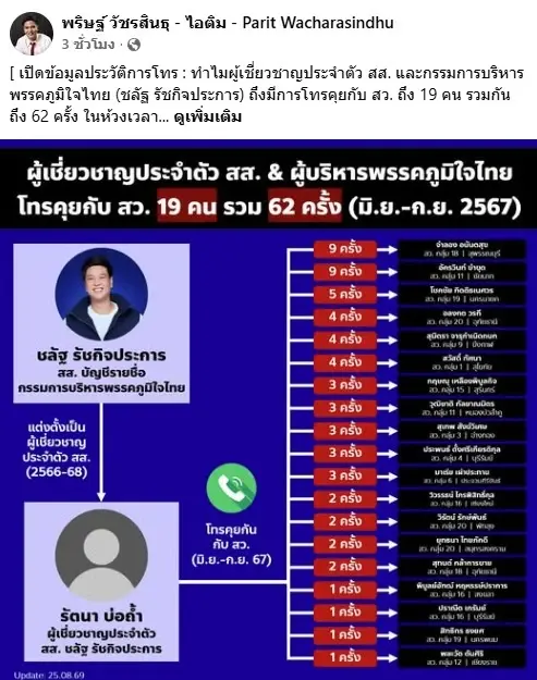 จี้ปมร้อน! "พริษฐ์" เปิดประวัติการโทรเพิ่มเติม ตั้งคำถามว่า ทำไมผู้เชี่ยวชาญประจำตัว "ชลัฐ รัชกิจประการ" ถึงโทรคุย 19 สว.