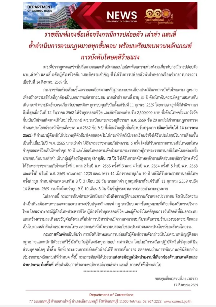 ราชทัณฑ์แจงยิบ! ปล่อยตัว “เล่าต๋า แสนลี่” ได้อภัยโทษ 6 ครั้ง หลังรับโทษนานเกือบ 10 ปี ยันทำตามกฎหมายทุกขั้นตอน