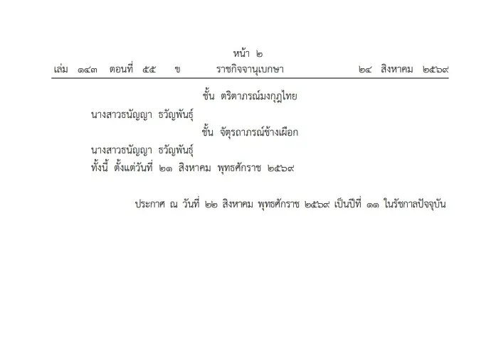 โปรดเกล้าฯ พระราชทานเครื่องราชฯ จุลจอมเกล้าฝ่ายใน แต่งตั้ง "คุณหญิง" ใหม่ 6 ราย