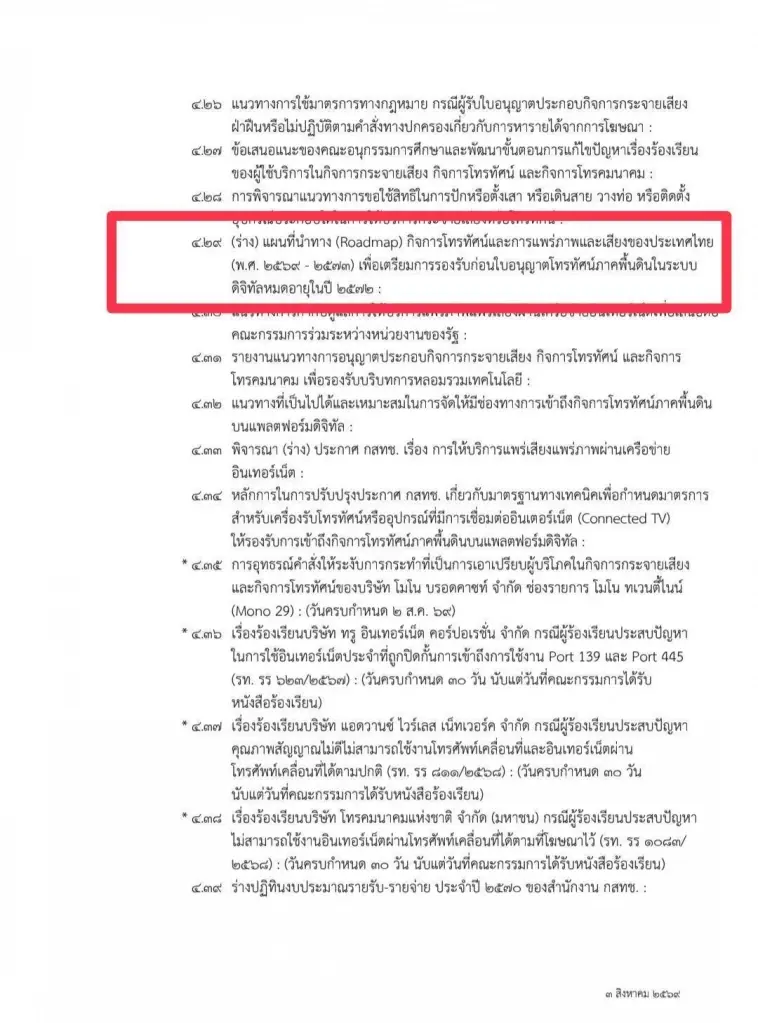 กสทช. เผยวาระการประชุมกสทช. วันที่ 5-6 สิงหาคม มี 33 วาระ หนึ่งในวาระการพิจารณา คือ เรื่องโรดแม็ปทีวีดิจิทัล ปรากฎอยู่ในวาระที่ 4.29 