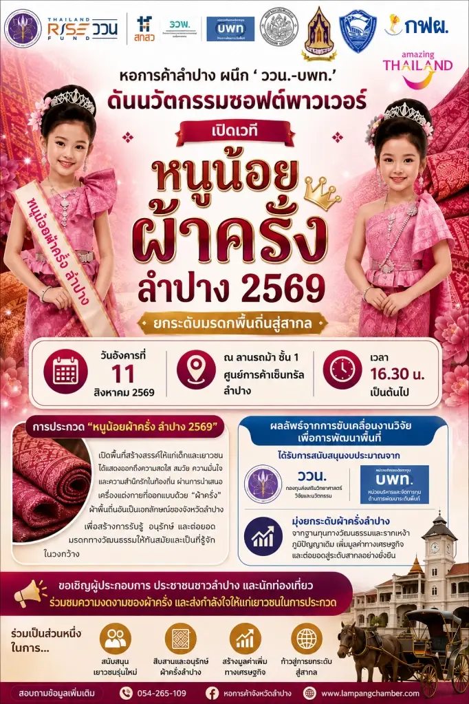หอการค้าลำปาง ดันซอฟต์พาวเวอร์ จัดประกวด “หนูน้อยผ้าครั่ง 2569”