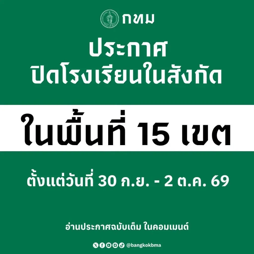 ด่วน! กทม.สั่งปิดโรงเรียน 15 เขต หนีน้ำท่วม 30 ก.ย.-2 ต.ค. 69