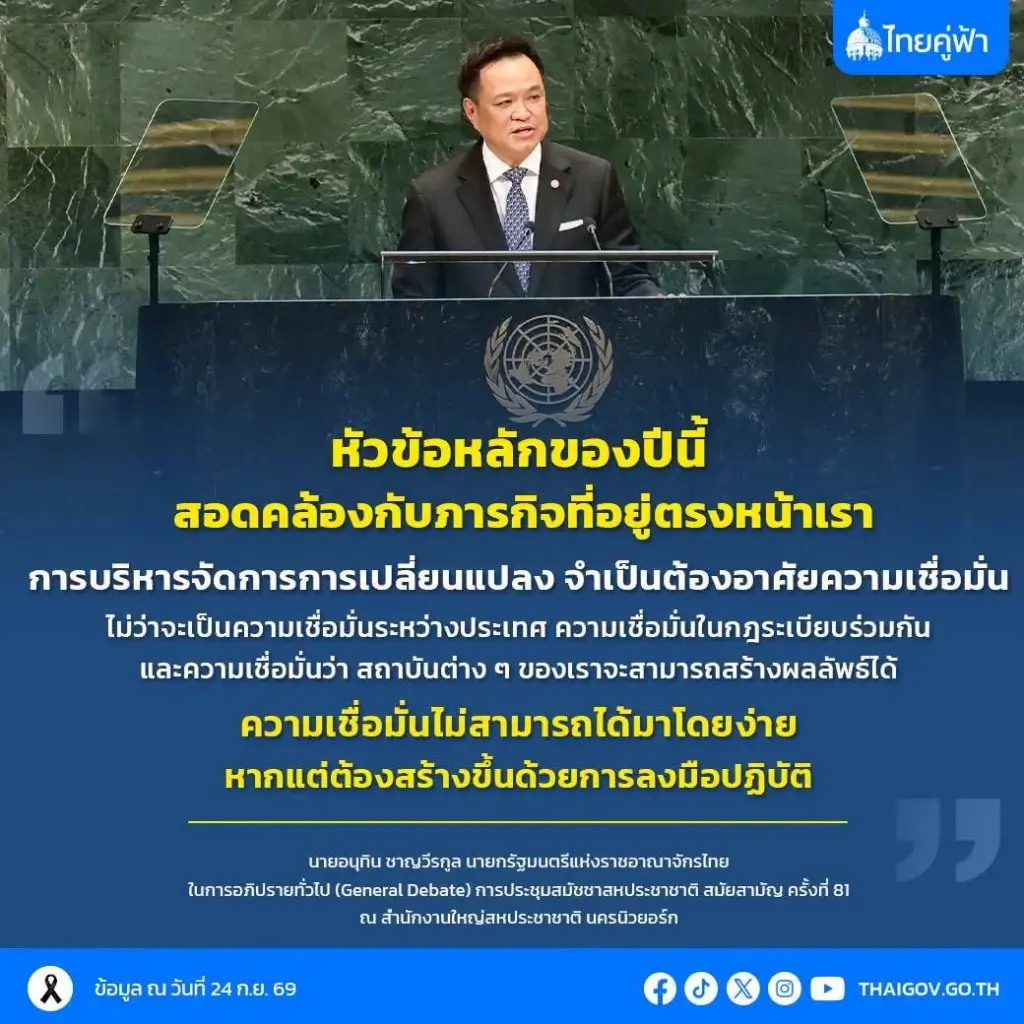 "นายกฯ อนุทิน" ขึ้นเวที UNGA 81 ย้ำปฏิรูป UN ชูแก้ไทย-กัมพูชา
