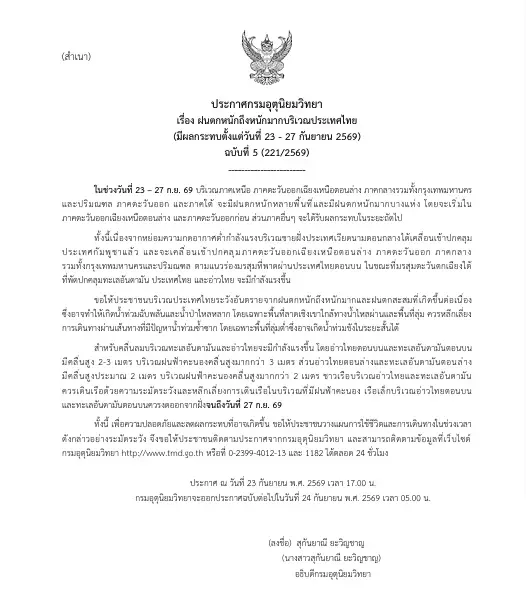 กรมอุตุฯ ประกาศ ฉ.5 พื้นที่ฝนตกหนักถึงหนักมาก ไปจนถึง 27 ก.ย. 69