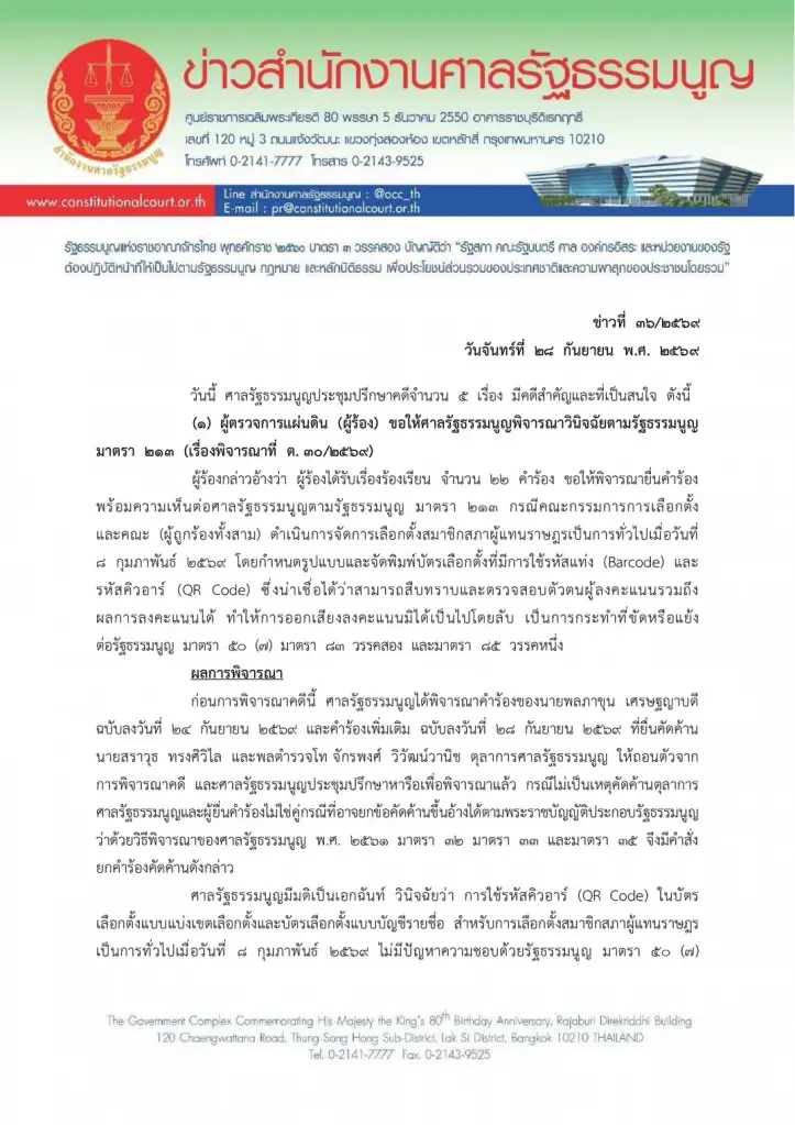 เปิดคำวินิจฉัยศาล รธน. ชี้“คิวอาร์โค้ด-บาร์โค้ด” บัตรเลือกตั้ง ไม่ขัด รธน.
