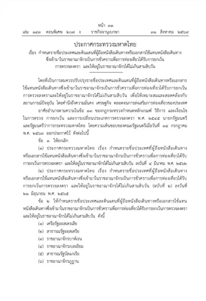ไทยปรับเกณฑ์ 'ยกเว้นวีซ่า 30 วัน' 60 ประเทศ คุมทางบก 2 ครั้ง/ปี