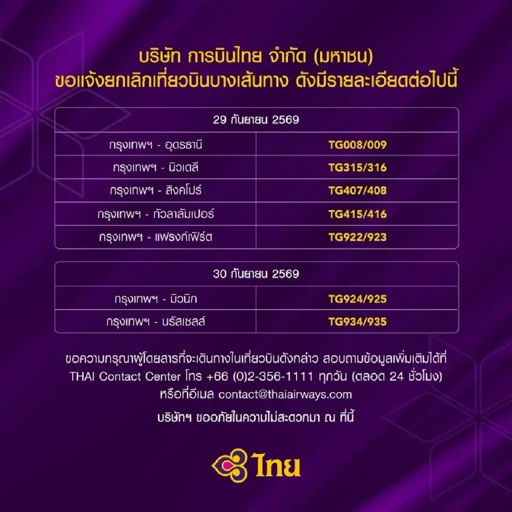 “การบินไทย” แจ้งยกเลิกเที่ยวบินบางเส้นทาง 29-30 ก.ย.69 เร่งเคลียร์กระเป๋าตกค้าง