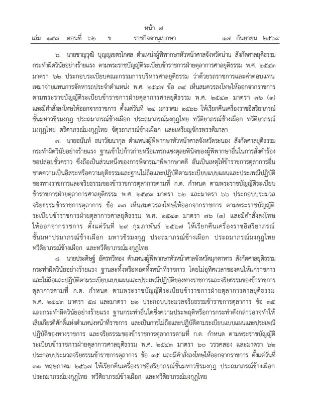 "ราชกิจจานุเบกษา" เผยแพร่  โปรดเกล้าฯ เรียกคืนเครื่องราชฯ อดีตตุลาการ 9 ราย 