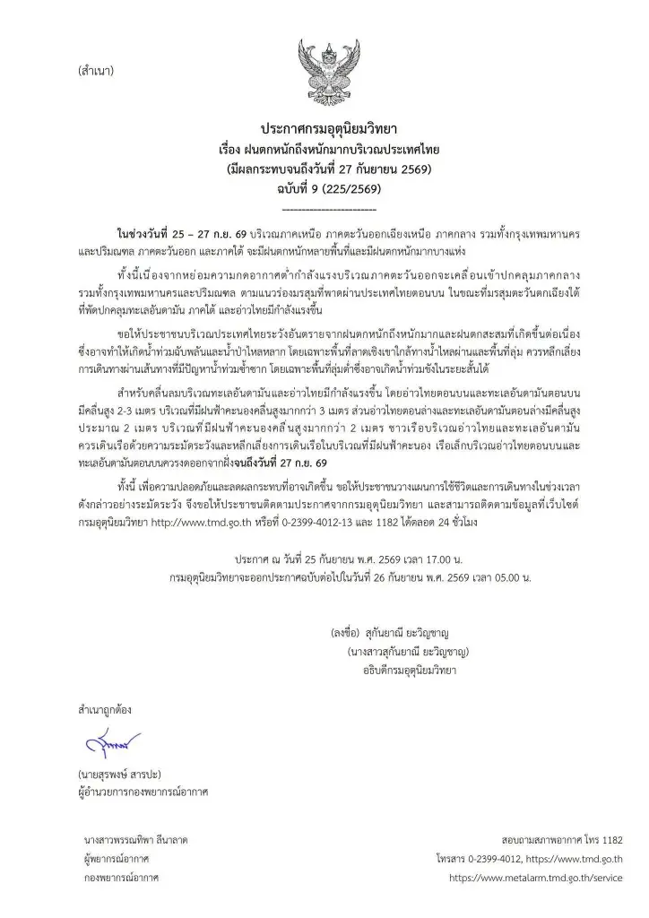 อุตุฯ ประกาศ ฉ.9 เตือนฝนตกหนักมากเสี่ยงน้ำท่วมฉับพลัน 58 จังหวัด