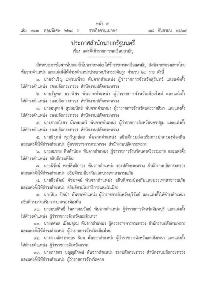 โปรดเกล้าฯ แต่งตั้ง 20 บิ๊กมหาดไทย  รองปลัดฯ ผู้ตรวจราชการ อธิบดี ผู้ว่าฯ มีผล 1 ต.ค. 69