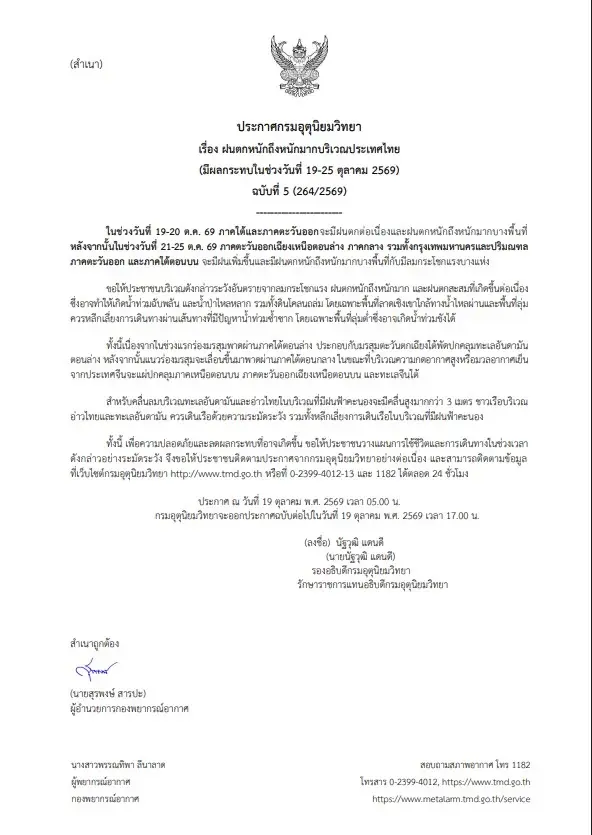 ประกาศฉบับที่ 5 อุตุฯ เตือนฝนตกหนัก กรุงเทพฯ ฝนฟ้าคะนอง ร้อยละ 70