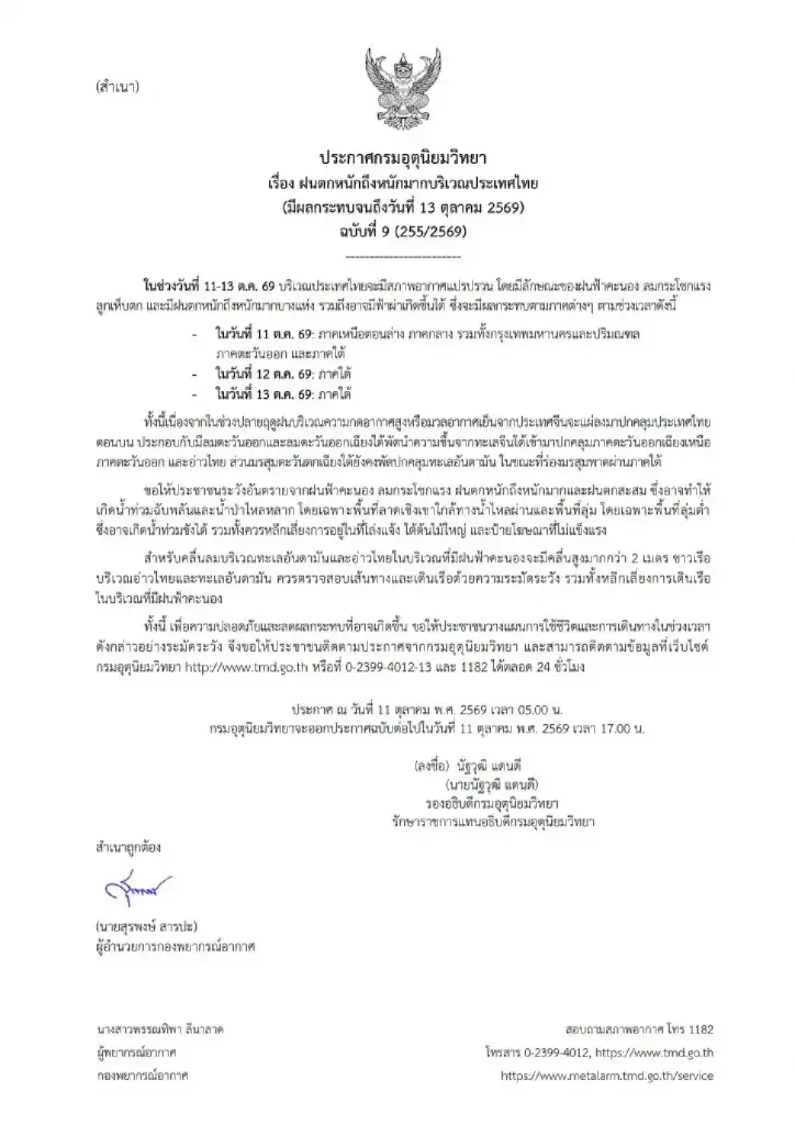 อุตุฯเตือนฉบับที่ 9! ฝนตกหนัก 11-13 ต.ค.นี้ กทม. โดนอีกรอบ รับมือน้ำท่วมขัง หลายจังหวัดภาคกลาง-ใต้ โดนด้วย