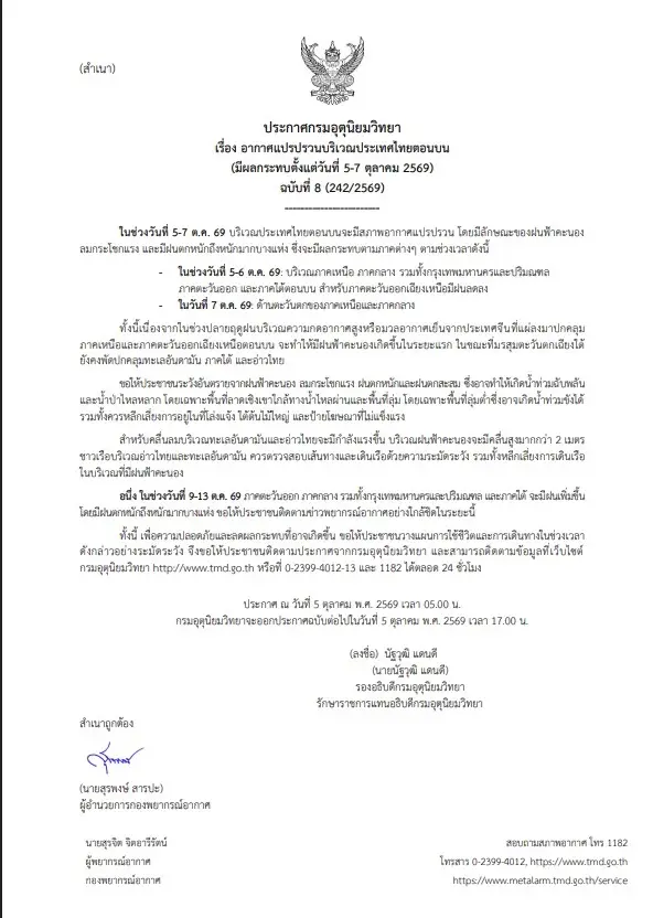 ประกาศกรมอุตุฯ  เตือน กทม.-ปริมณฑล-เหนือ-กลาง ฝนตกหนัก