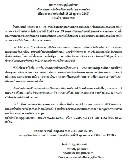 เช็กพื้นที่เสี่ยง! กรมอุตุฯ ออกประกาศ ฉบับที่ 3 เตือนฝนถล่มยาว 8 วันติด 18-25 ต.ค.นี้!