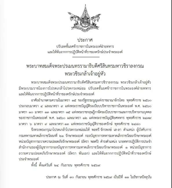"พระบรมราชโองการ" โปรดเกล้าฯ ปรับลดชั้นยศ 2 ข้าราชการในพระองค์ฝ่ายทหาร
