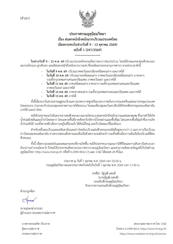 กรมอุตฯ ออกประกาศ เตือนฝนตกหนัก 9-13 ต.ค.นี้ เช็กด่วนพื้นที่เสี่ยงภัย