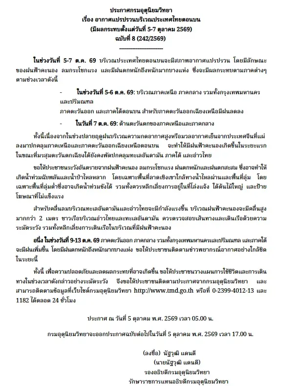 ด่วน! กรมอุตุฯ ออกประกาศฉบับที่ 8 เตือน 5-7 ต.ค.นี้ "ภาคเหนือ-ภาคกลาง" อากาศแปรปรวน "ฝนถล่ม-ลมแรง"