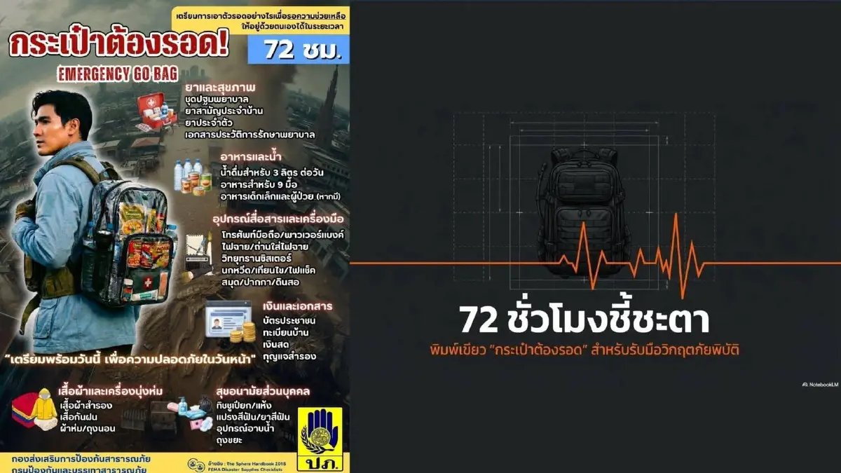 มีติดบ้านไว้รอดแน่! ปภ. แนะจัด "กระเป๋าต้องรอด" กฎเหล็ก 72 ชั่วโมง เช็กลิสต์ 6 หมวด 30 รายการ