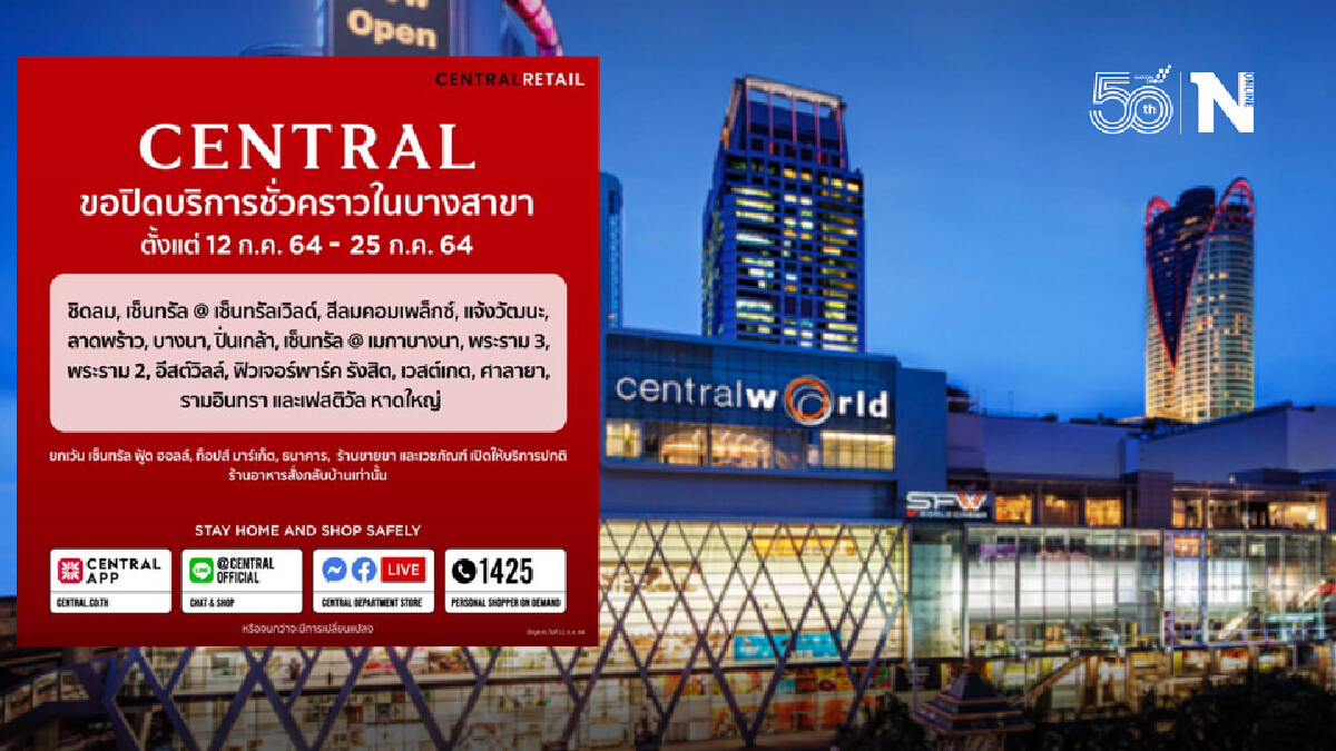 เซ็นทรัลปิด 16 สาขา 12-25 ก.ค.นี้ ยกเว้นศูนย์อาหาร ร้านขายยา ธนาคาร เซ็นทรัลปิด 16 สาขา 12-25 ก.ค.นี้ ยกเว้นศูนย์อาหาร ร้านขายยา ธนาคาร