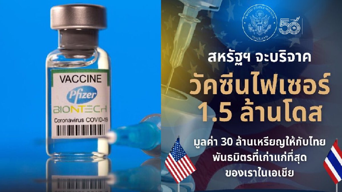 สถานทูตสหรัฐ ยืนยันบริจาควัคซีน "ไฟเซอร์" ให้ไทย 1.5 ล้านโดส สถานทูตสหรัฐ ยืนยันบริจาควัคซีน "ไฟเซอร์" ให้ไทย 1.5 ล้านโดส