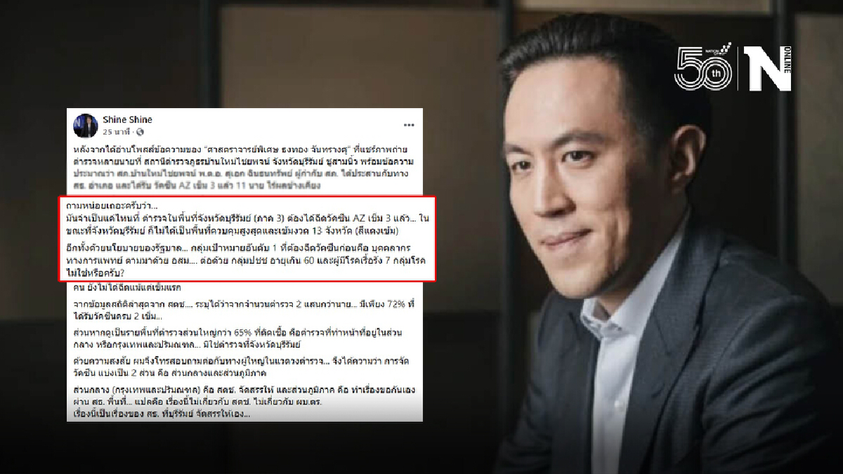 "ฉาย"ถามหาความจริงตร.บุรีรัมย์ ฉีดวัคซีนเข็ม 3 หวั่นซ้ำเติมเหลื่อมล้ำ