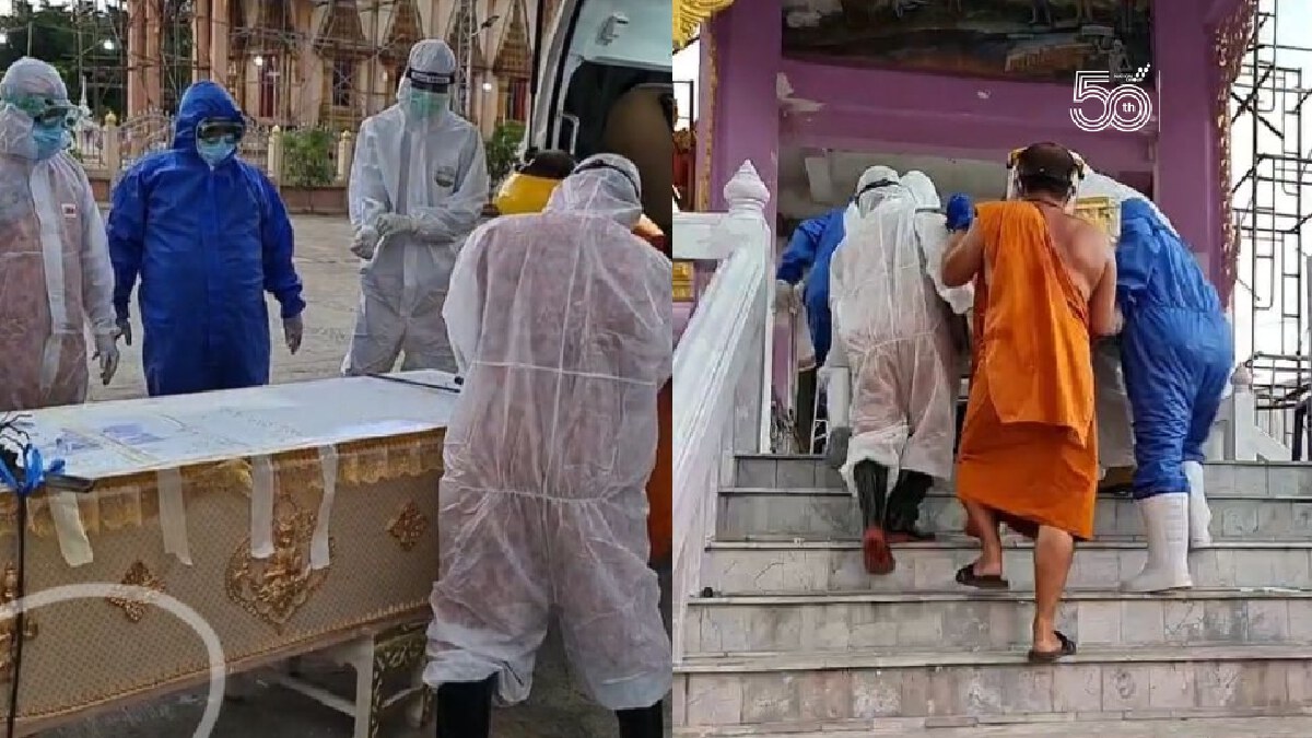 แห่ชื่นชมพระสวมชุด PPE ช่วยแบกโลงศพผู้เสียชีวิตจากโควิดหนัก 180 กิโลฯ