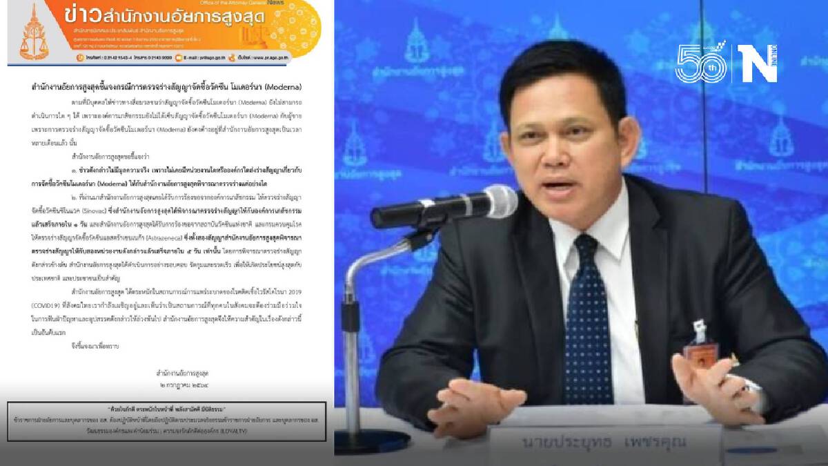อัยการสูงสุด ยันยังไม่ได้รับร่างสัญญาวัคซีนโมเดอร์นาส่งมาให้ตรวจ