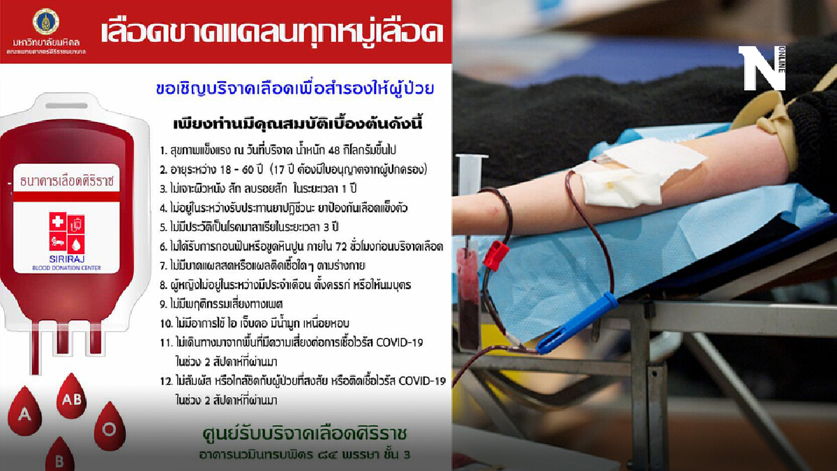ขาดแคลนทุกหมู่เลือด "ศิริราช" วอนคนไทยบริจาคเลือดช่วยผู้ป่วย