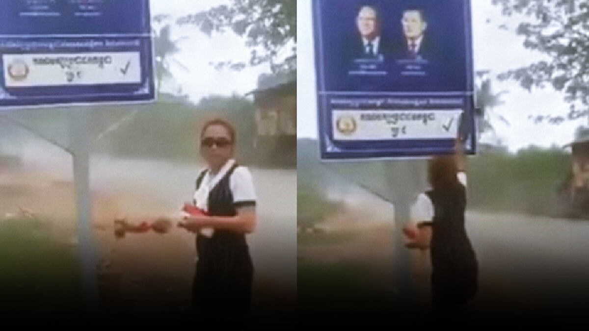สาวปารองเท้าใส่ภาพผู้นำกัมพูชา เสี่ยงติดโควิด-19 สาวปารองเท้าใส่ภาพผู้นำกัมพูชา เสี่ยงติดโควิด-19