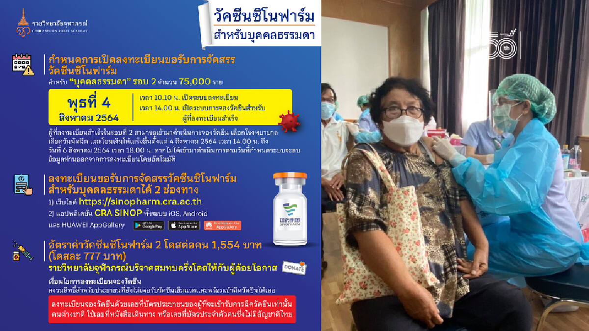 ราชวิทยาลัยจุฬาภรณ์เปิดจองคิวฉีด “ซิโนฟาร์ม” ประชาชนทั่วไป 4 ส.ค. ราชวิทยาลัยจุฬาภรณ์เปิดจองคิวฉีด “ซิโนฟาร์ม” ประชาชนทั่วไป 4 ส.ค.