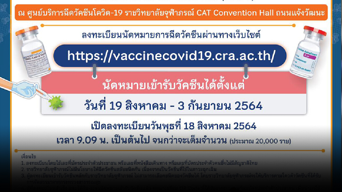 ราชวิทยาลัยจุฬาภรณ์ เปิดให้ลงทะเบียนฉีดวัคซีนฟรี 20,000 ราย ราชวิทยาลัยจุฬาภรณ์ เปิดให้ลงทะเบียนฉีดวัคซีนฟรี 20,000 ราย