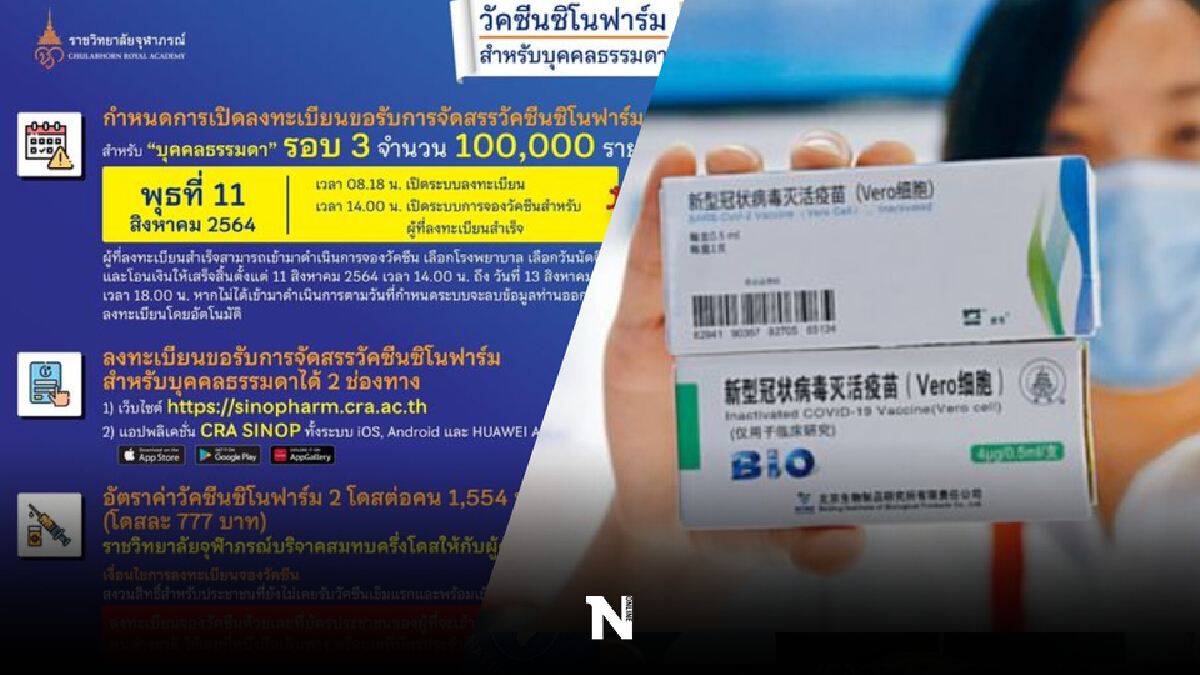 11 ส.ค. 8 โมงเช้า ราชวิทยาลัยจุฬาภรณ์ เปิดลงทะเบียนรับ“ซิโนฟาร์ม”แสนราย