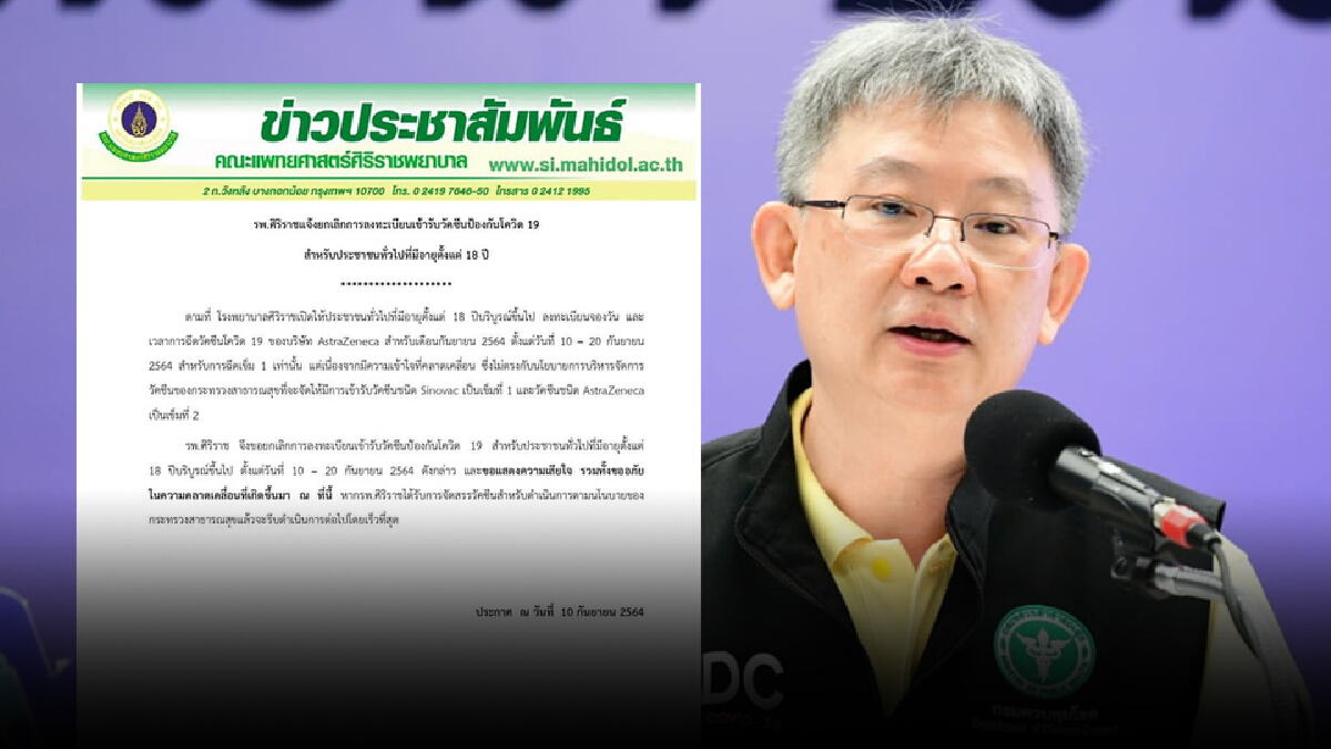 แจง "ศิริราช" ยกเลิกลงทะเบียนฉีดแอสตร้า แค่ไม่เป็นไปตามนโยบายของ สธ. แจง "ศิริราช" ยกเลิกลงทะเบียนฉีดแอสตร้า แค่ไม่เป็นไปตามนโยบายของ สธ.