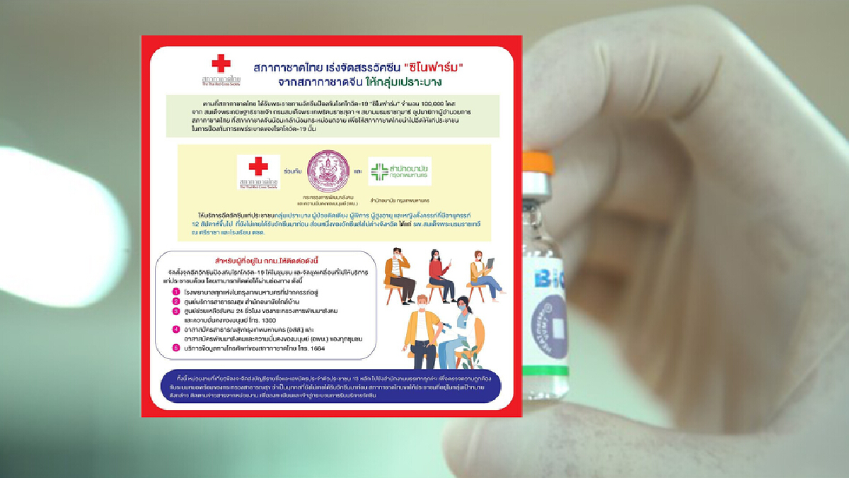 สภากาชาดไทย เร่งจัดสรร วัคซีนซิโนฟาร์ม ให้ประชาชน "กลุ่มเปราะบาง" สภากาชาดไทย เร่งจัดสรร วัคซีนซิโนฟาร์ม ให้ประชาชน "กลุ่มเปราะบาง"