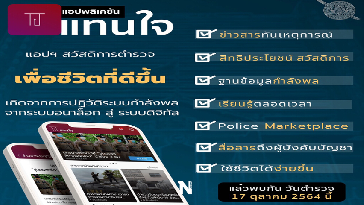 ผบ.ตร.เปิดแอพฯ“แทนใจ” เป็นของขวัญวันตำรวจพรุ่งนี้ ผบ.ตร.เปิดแอพฯ“แทนใจ” เป็นของขวัญวันตำรวจพรุ่งนี้