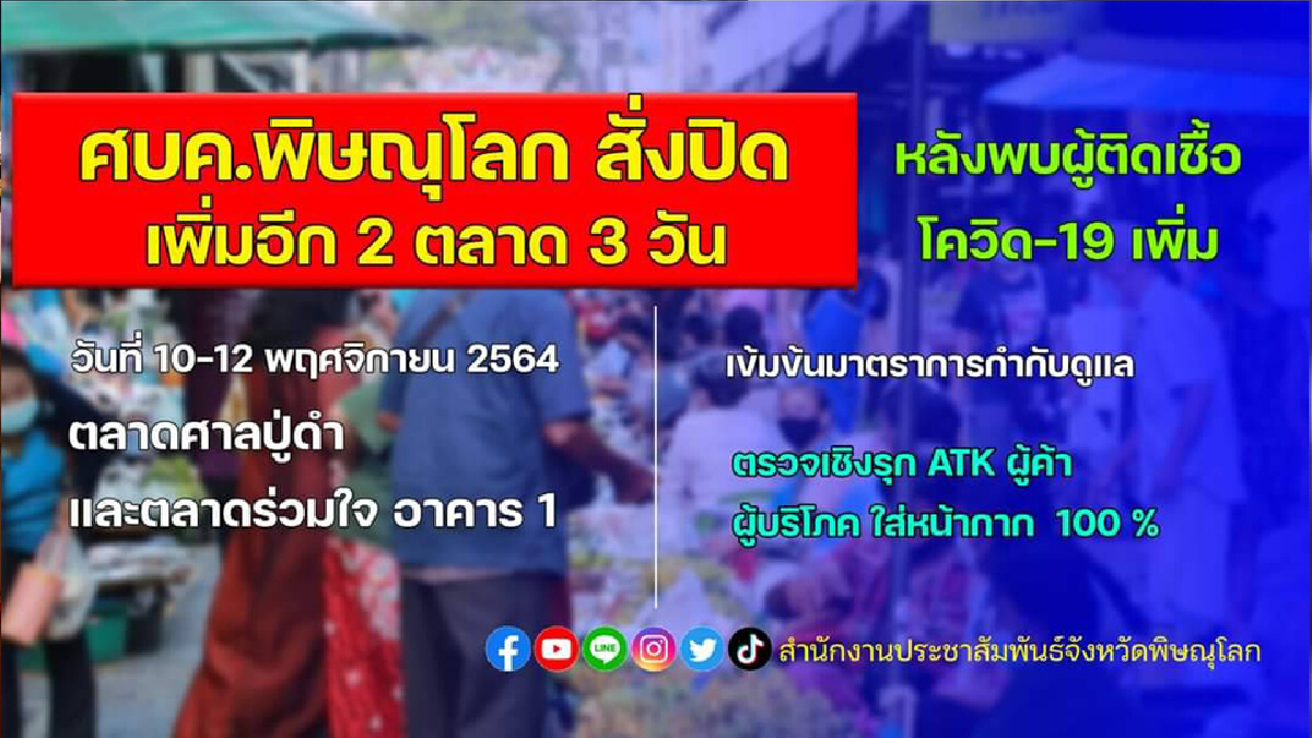 ศบค.พิษณุโลกสั่งปิดตลาดเพิ่มอีก 2 แห่ง 3วัน