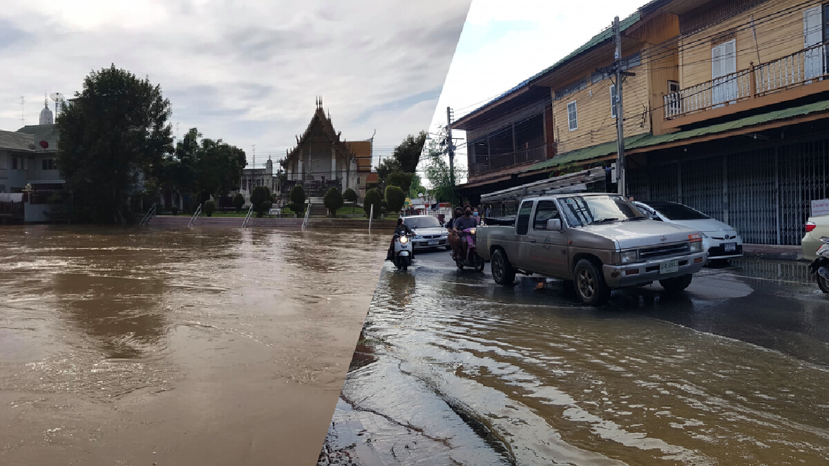 แม่น้ำเพชรบุรีเริ่มเอ่อท่วมเมืองเพชรบุรีแล้ว หลังมีคำเตือนให้ย้ายของ
