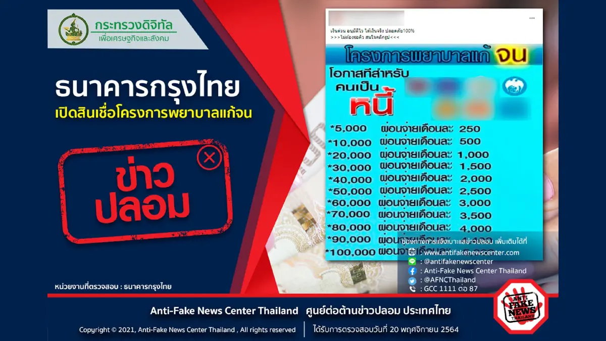 ข่าวปลอม! ธนาคารกรุงไทย เปิดสินเชื่อโครงการพยาบาลแก้จน ข่าวปลอม! ธนาคารกรุงไทย เปิดสินเชื่อโครงการพยาบาลแก้จน
