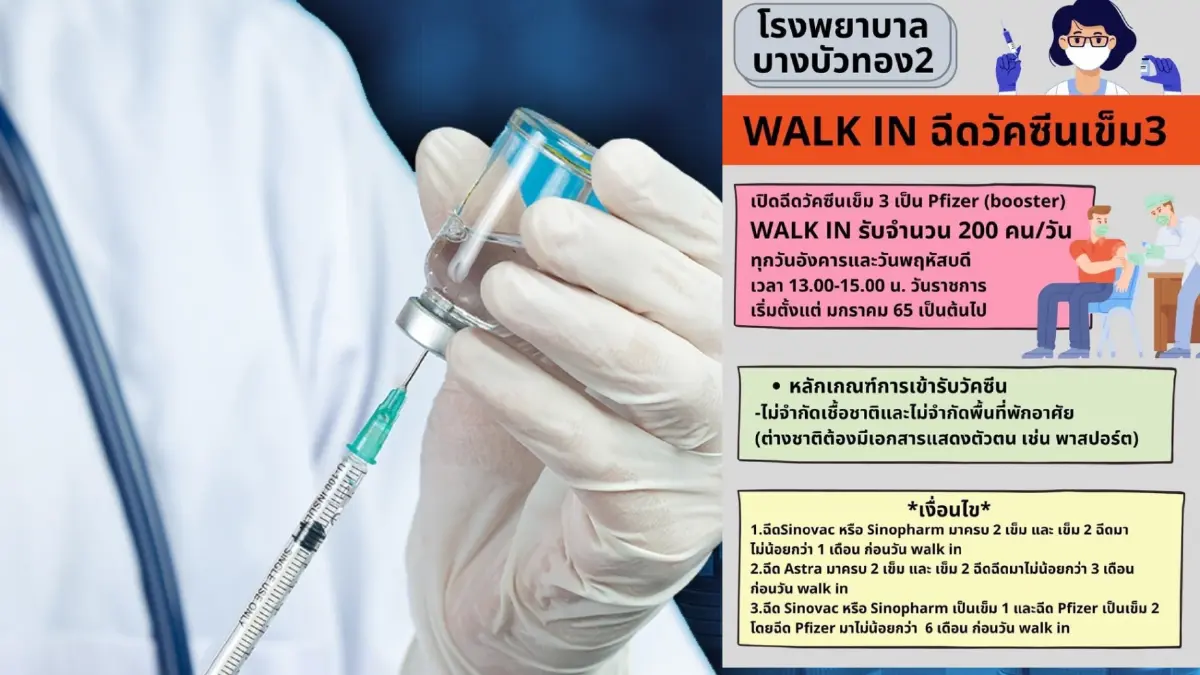 รพ.บางบัวทอง 2 ฉีดวัคซีนเข็ม 3 "Pfizer" ฟรี! ไม่ต้องลงทะเบียนจอง รพ.บางบัวทอง 2 ฉีดวัคซีนเข็ม 3 "Pfizer" ฟรี! ไม่ต้องลงทะเบียนจอง