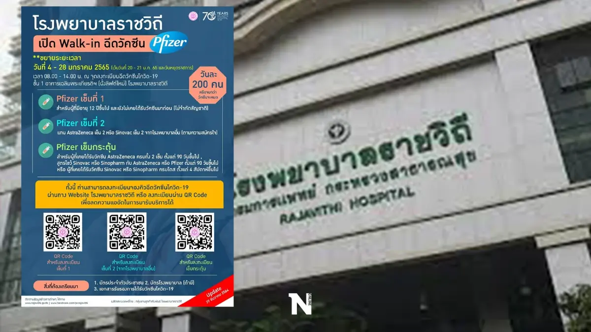 รพ.ราชวิถีเปิด walk in ฉีดไฟเซอร์ทุกเข็ม เริ่ม 4 ม.ค. เช็กวิธีลงทะเบียนที่นี่