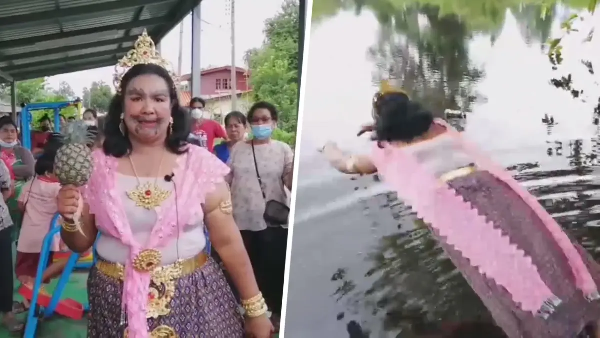 สาวสงขลาแต่งนางยักษ์ กระโดดน้ำแก้บนทีมที่เชียร์ชนะเลือกตั้งอบต.