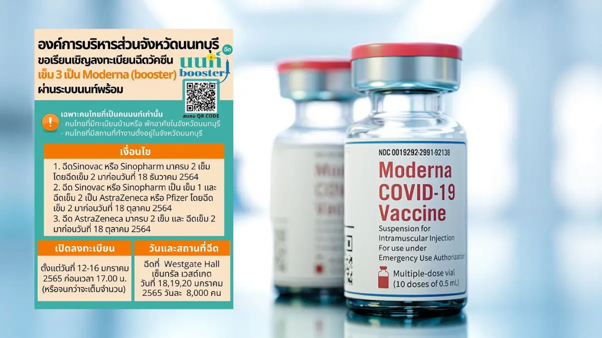 นนทบุรีเชิญ ลงทะเบียนฉีดวัคซีน เข็ม 3 "Moderna" ผ่านระบบนนท์พร้อม นนทบุรีเชิญ ลงทะเบียนฉีดวัคซีน เข็ม 3 "Moderna" ผ่านระบบนนท์พร้อม