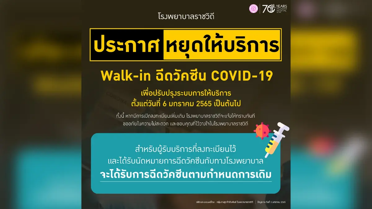 พรุ่งนี้ รพ.ราชวิถี หยุดรับ Walk-in ฉีดวัคซีน พรุ่งนี้ รพ.ราชวิถี หยุดรับ Walk-in ฉีดวัคซีน